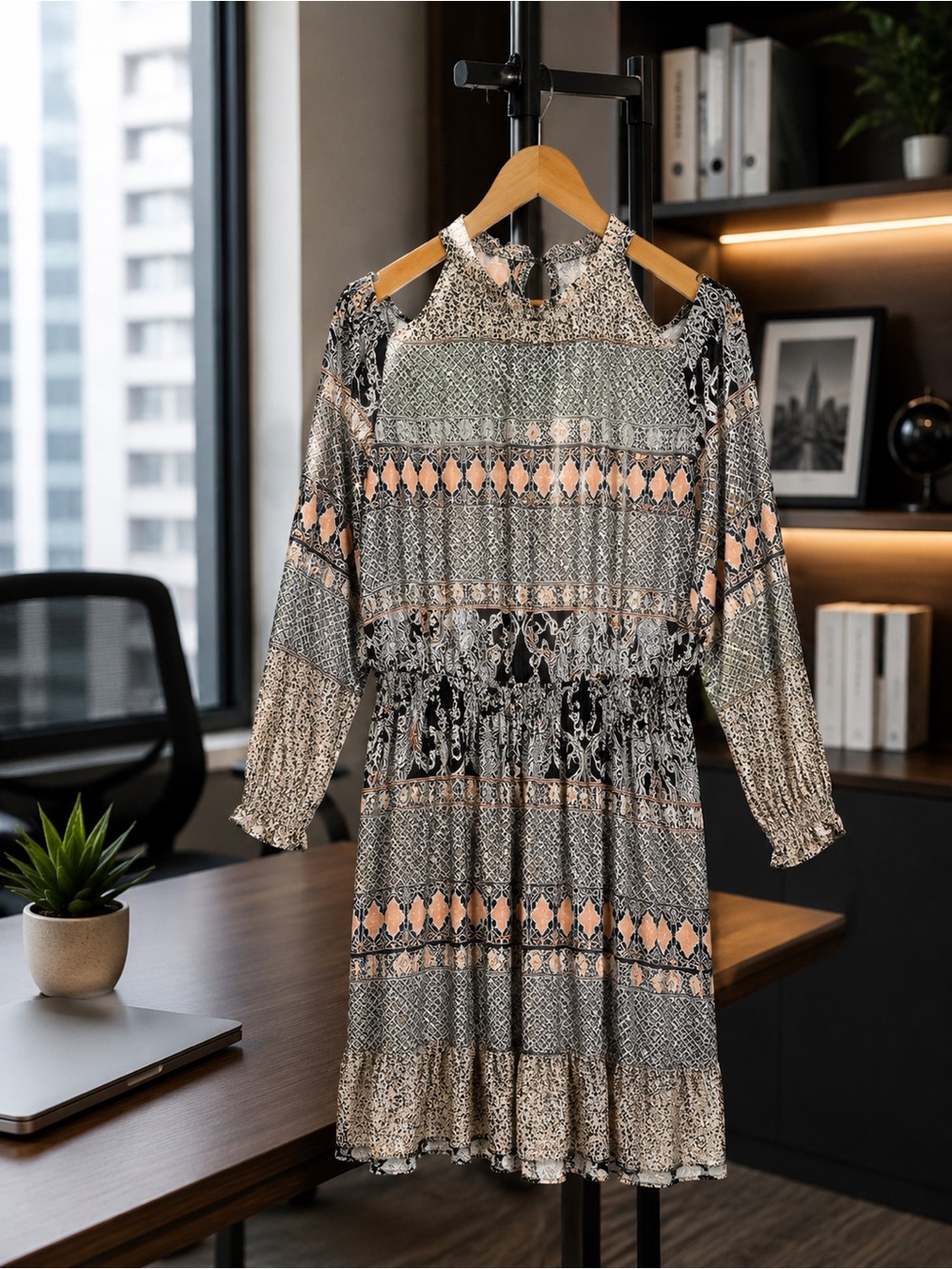 Cato Black, Peach and Cream Cold-Shoulder Smocked Waist Long-Sleeve Dress